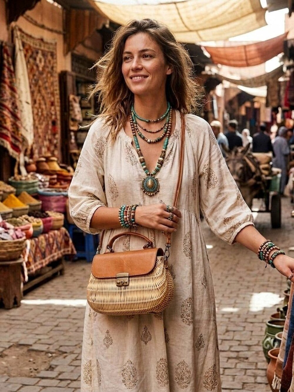 Sunwoven Crossbody Satchel Basket Bag- Wicker Rattan with Leather